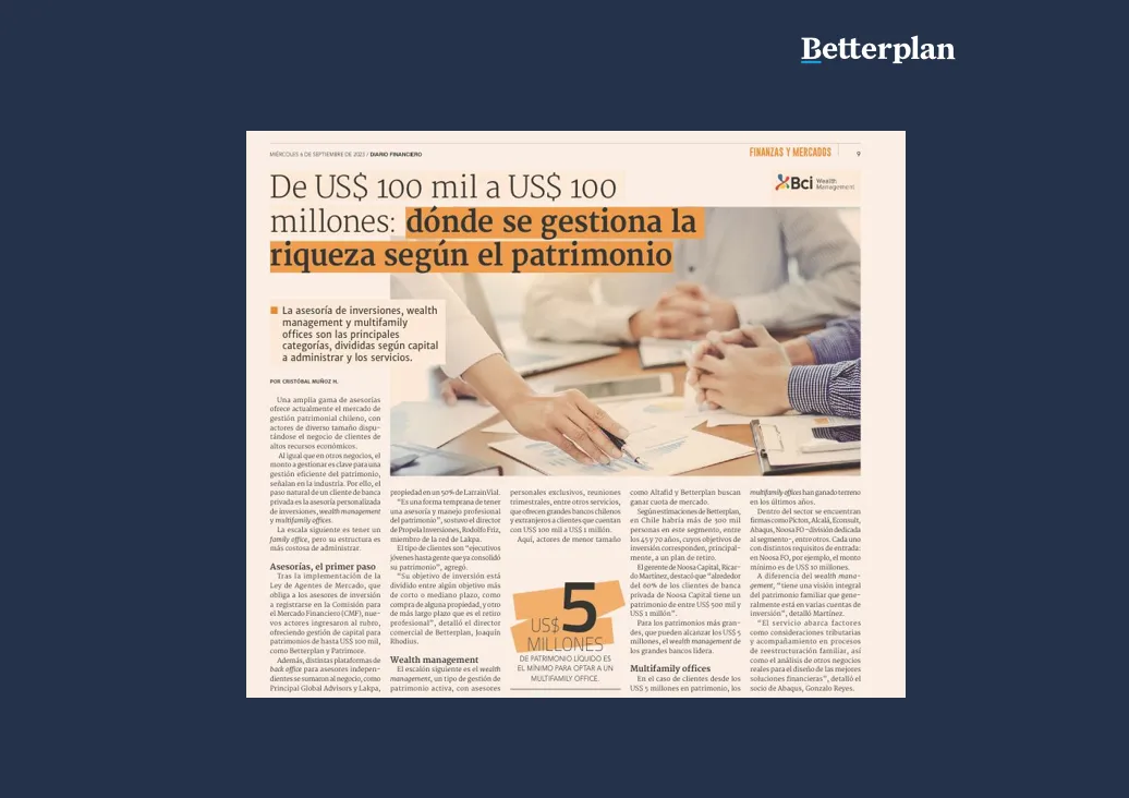 De US$100 mil a US$100 millones: donde se gestiona la riqueza según el patrimonio